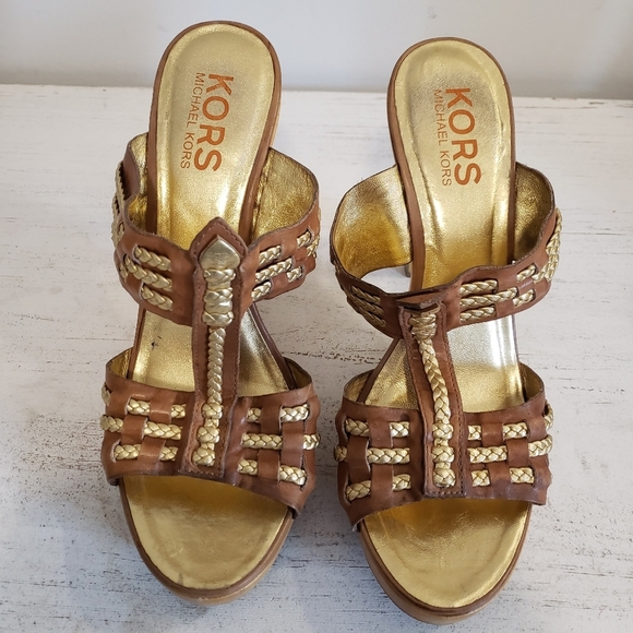 MICHAEL KORS BROWN LEATHER SANDALS WOODEN HEEL PLATFORM Size 9.5 - Picture 3 of 10